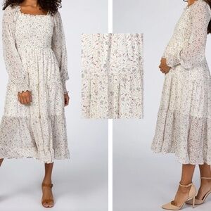 Ivory PinkBlush Floral Smocked Front Ruffle Hem Maternity Midi Dress
